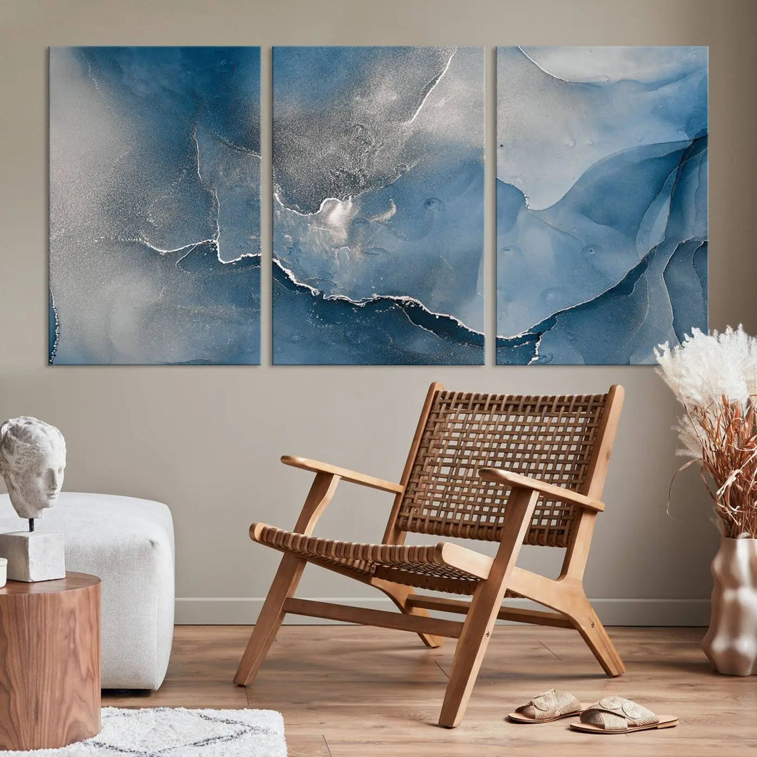 The living room features the Blue Gray Marble Fluid Effect Wall Art Abstract Canvas Wall Art Print, adding an elegant touch to the space.