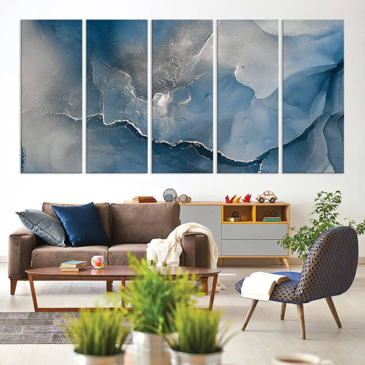 The living room features the Blue Gray Marble Fluid Effect Wall Art Abstract Canvas Wall Art Print, adding an elegant touch to the space.