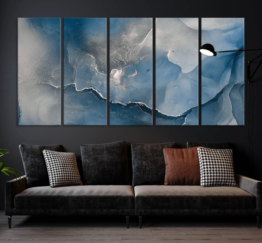 The living room features the Blue Gray Marble Fluid Effect Wall Art Abstract Canvas Wall Art Print, adding an elegant touch to the space.