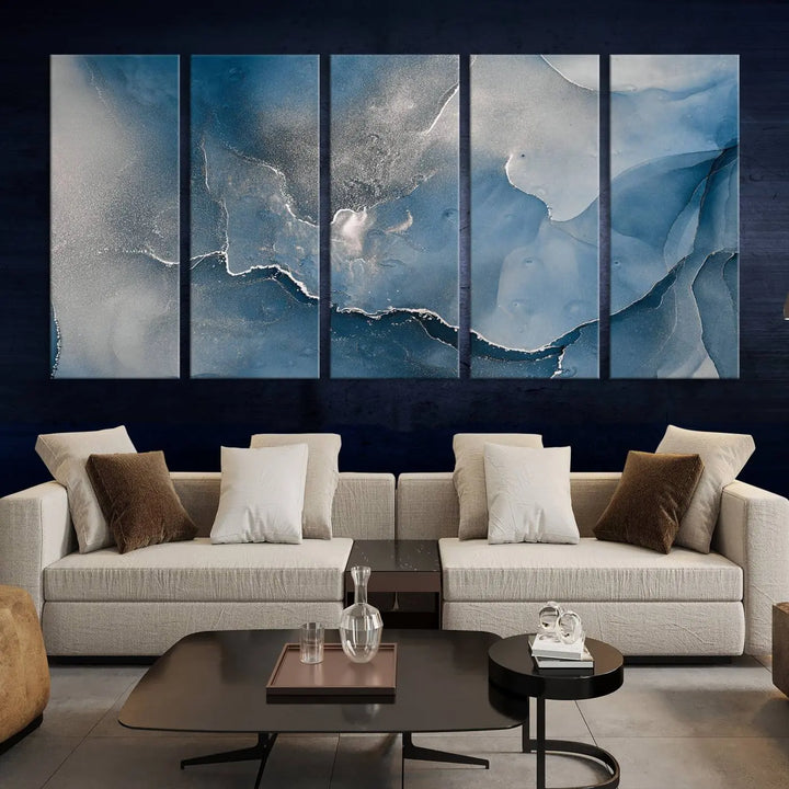 The living room features the Blue Gray Marble Fluid Effect Wall Art Abstract Canvas Wall Art Print, adding an elegant touch to the space.