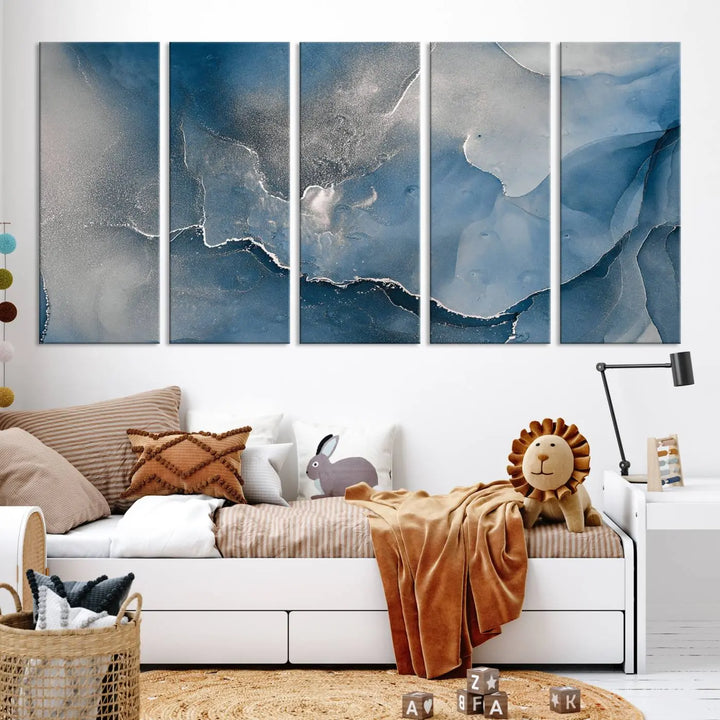 The living room features the Blue Gray Marble Fluid Effect Wall Art Abstract Canvas Wall Art Print, adding an elegant touch to the space.