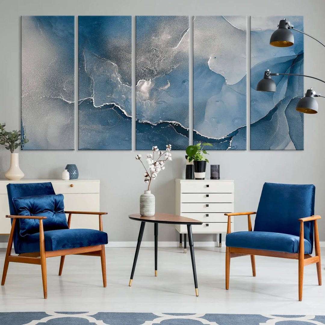 The living room features the Blue Gray Marble Fluid Effect Wall Art Abstract Canvas Wall Art Print, adding an elegant touch to the space.