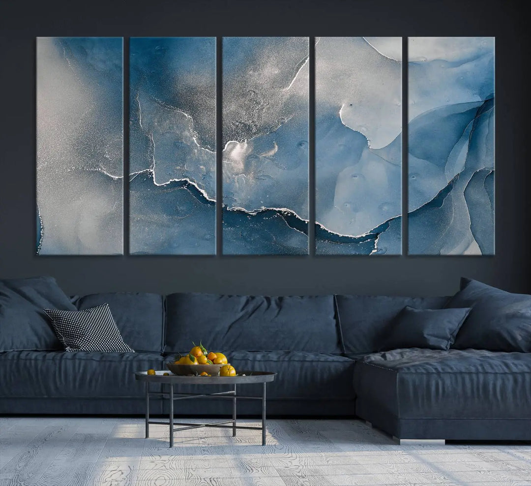 The living room features the Blue Gray Marble Fluid Effect Wall Art Abstract Canvas Wall Art Print, adding an elegant touch to the space.