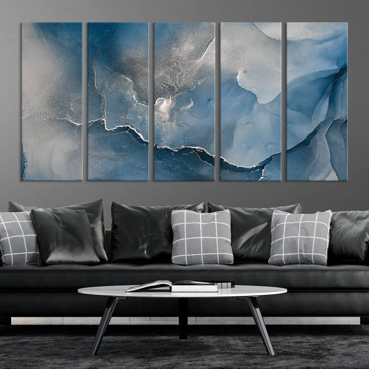 The living room features the Blue Gray Marble Fluid Effect Wall Art Abstract Canvas Wall Art Print, adding an elegant touch to the space.