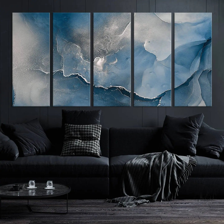 The living room features the Blue Gray Marble Fluid Effect Wall Art Abstract Canvas Wall Art Print, adding an elegant touch to the space.