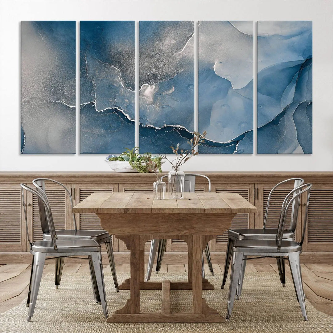 The living room features the Blue Gray Marble Fluid Effect Wall Art Abstract Canvas Wall Art Print, adding an elegant touch to the space.