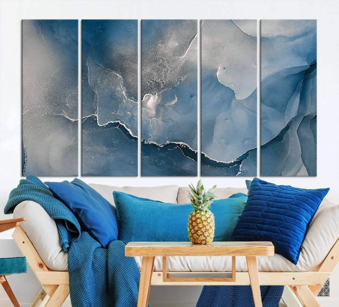 The living room features the Blue Gray Marble Fluid Effect Wall Art Abstract Canvas Wall Art Print, adding an elegant touch to the space.