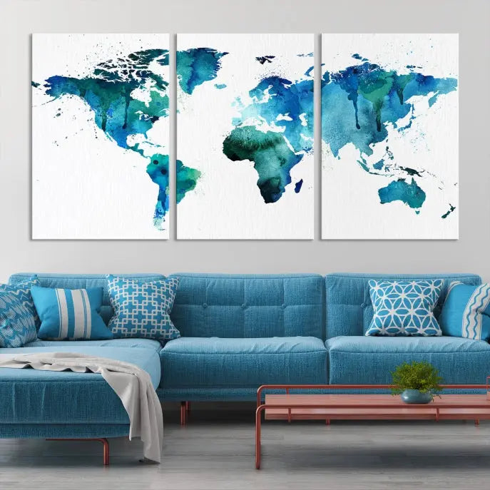 The Blue Green Dominated World Map Canvas Wall Art features a triptych design in watercolor shades of blue and green. It's printed on museum-quality canvas with a UV-protective coating and is ready to hang, bringing an artistic flair to any space.