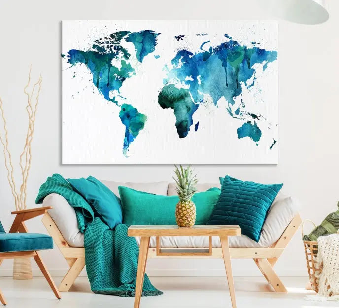 The Blue Green Dominated World Map Canvas Wall Art features a triptych design in watercolor shades of blue and green. It's printed on museum-quality canvas with a UV-protective coating and is ready to hang, bringing an artistic flair to any space.