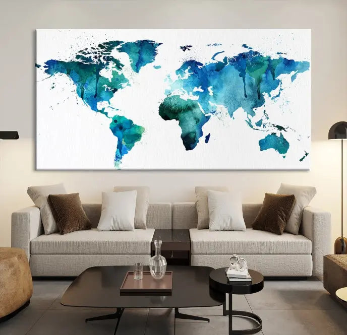 The Blue Green Dominated World Map Canvas Wall Art features a triptych design in watercolor shades of blue and green. It's printed on museum-quality canvas with a UV-protective coating and is ready to hang, bringing an artistic flair to any space.