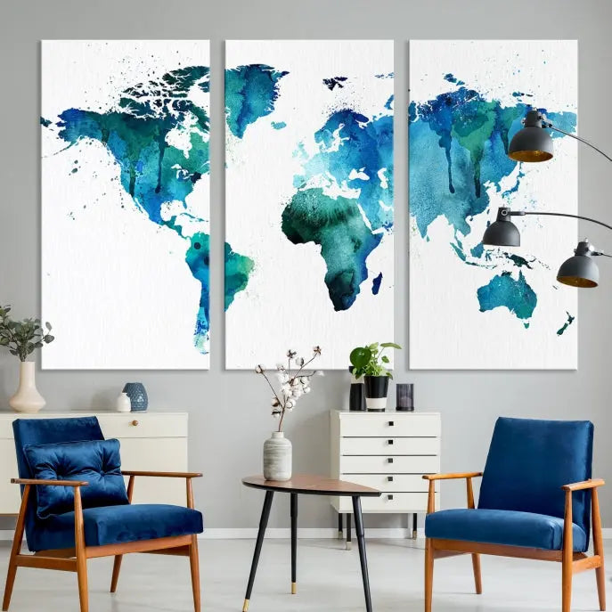 The Blue Green Dominated World Map Canvas Wall Art features a triptych design in watercolor shades of blue and green. It's printed on museum-quality canvas with a UV-protective coating and is ready to hang, bringing an artistic flair to any space.