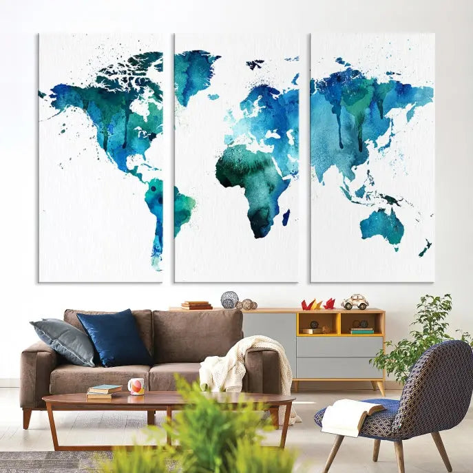 The Blue Green Dominated World Map Canvas Wall Art features a triptych design in watercolor shades of blue and green. It's printed on museum-quality canvas with a UV-protective coating and is ready to hang, bringing an artistic flair to any space.