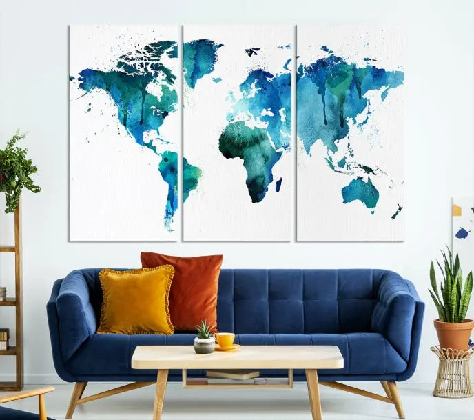 The Blue Green Dominated World Map Canvas Wall Art features a triptych design in watercolor shades of blue and green. It's printed on museum-quality canvas with a UV-protective coating and is ready to hang, bringing an artistic flair to any space.