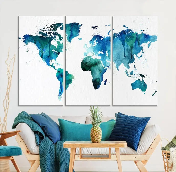 The Blue Green Dominated World Map Canvas Wall Art features a triptych design in watercolor shades of blue and green. It's printed on museum-quality canvas with a UV-protective coating and is ready to hang, bringing an artistic flair to any space.