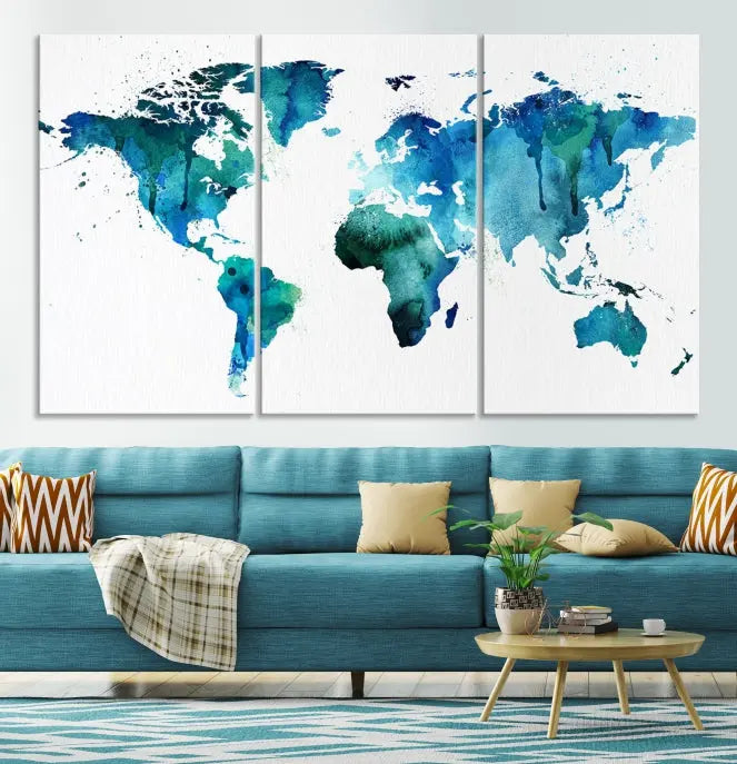 The Blue Green Dominated World Map Canvas Wall Art features a triptych design in watercolor shades of blue and green. It's printed on museum-quality canvas with a UV-protective coating and is ready to hang, bringing an artistic flair to any space.