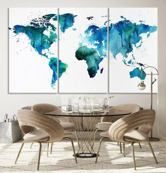 The Blue Green Dominated World Map Canvas Wall Art features a triptych design in watercolor shades of blue and green. It's printed on museum-quality canvas with a UV-protective coating and is ready to hang, bringing an artistic flair to any space.