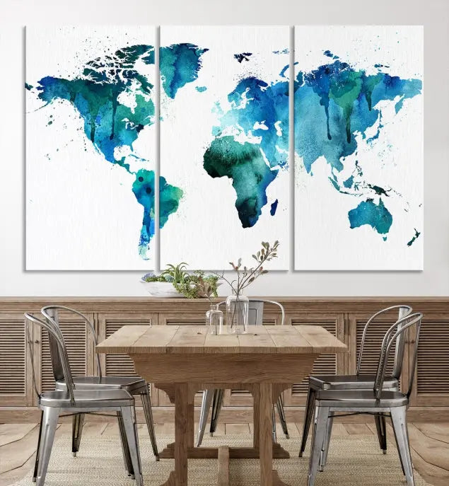 The Blue Green Dominated World Map Canvas Wall Art features a triptych design in watercolor shades of blue and green. It's printed on museum-quality canvas with a UV-protective coating and is ready to hang, bringing an artistic flair to any space.