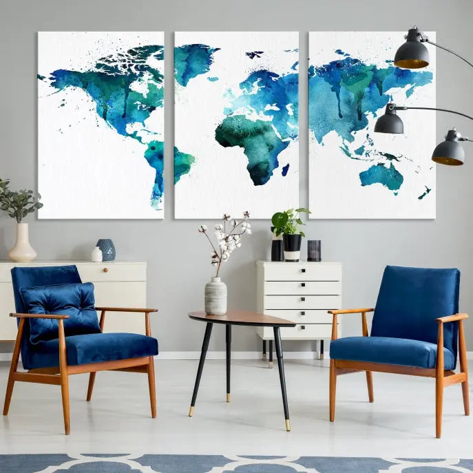 The Blue Green Dominated World Map Canvas Wall Art features a triptych design in watercolor shades of blue and green. It's printed on museum-quality canvas with a UV-protective coating and is ready to hang, bringing an artistic flair to any space.