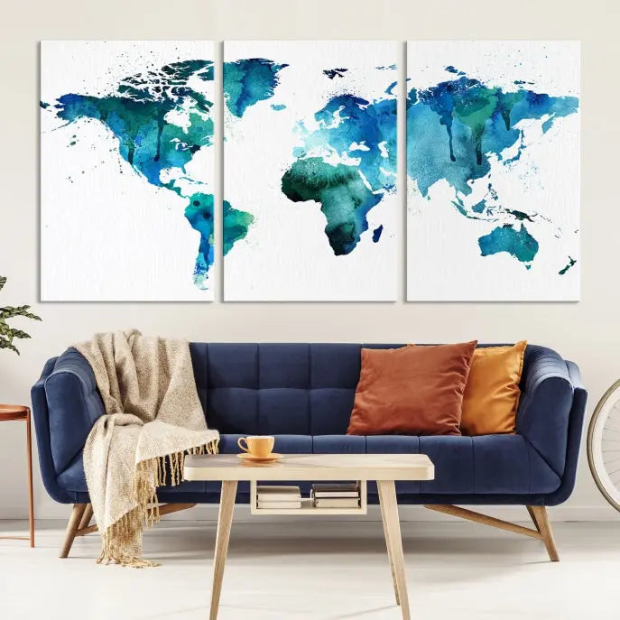 The Blue Green Dominated World Map Canvas Wall Art features a triptych design in watercolor shades of blue and green. It's printed on museum-quality canvas with a UV-protective coating and is ready to hang, bringing an artistic flair to any space.