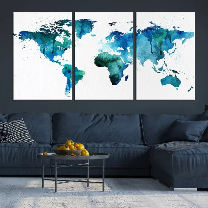 The Blue Green Dominated World Map Canvas Wall Art features a triptych design in watercolor shades of blue and green. It's printed on museum-quality canvas with a UV-protective coating and is ready to hang, bringing an artistic flair to any space.