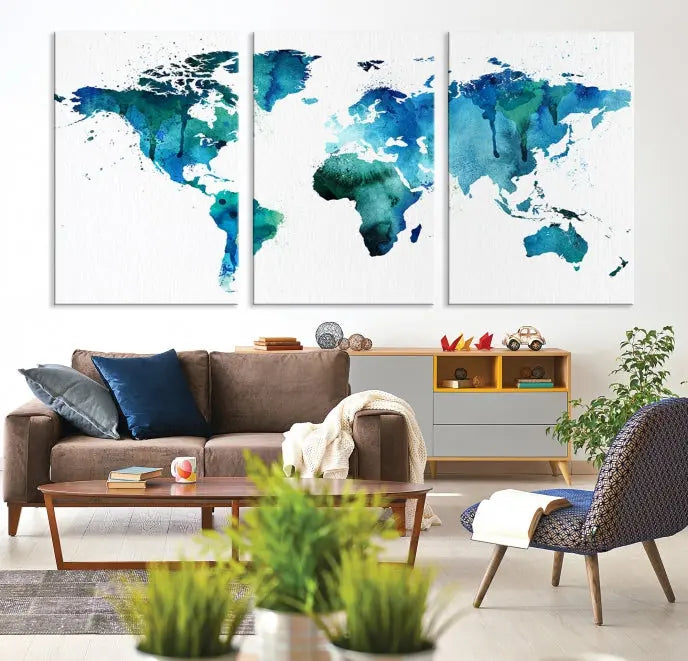 The Blue Green Dominated World Map Canvas Wall Art features a triptych design in watercolor shades of blue and green. It's printed on museum-quality canvas with a UV-protective coating and is ready to hang, bringing an artistic flair to any space.