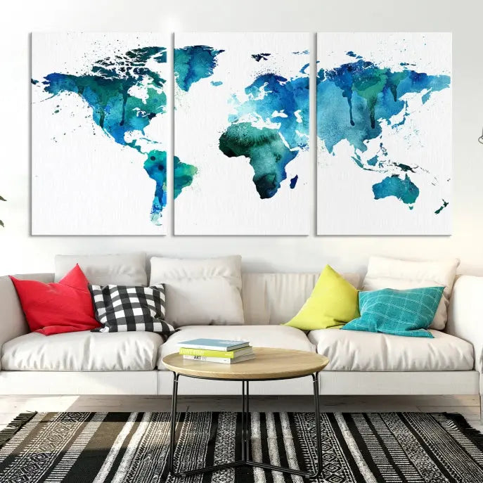 The Blue Green Dominated World Map Canvas Wall Art features a triptych design in watercolor shades of blue and green. It's printed on museum-quality canvas with a UV-protective coating and is ready to hang, bringing an artistic flair to any space.