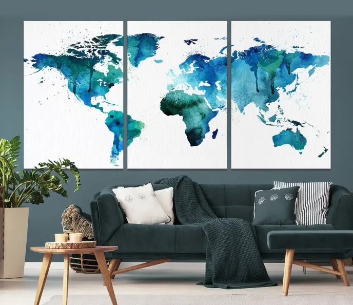 The Blue Green Dominated World Map Canvas Wall Art features a triptych design in watercolor shades of blue and green. It's printed on museum-quality canvas with a UV-protective coating and is ready to hang, bringing an artistic flair to any space.