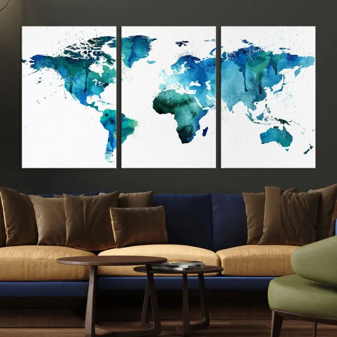 The Blue Green Dominated World Map Canvas Wall Art features a triptych design in watercolor shades of blue and green. It's printed on museum-quality canvas with a UV-protective coating and is ready to hang, bringing an artistic flair to any space.