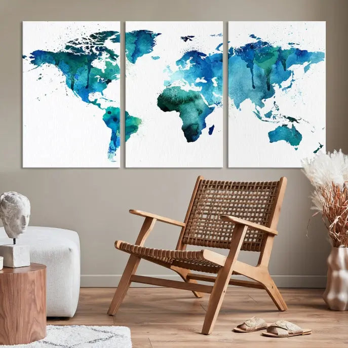 The Blue Green Dominated World Map Canvas Wall Art features a triptych design in watercolor shades of blue and green. It's printed on museum-quality canvas with a UV-protective coating and is ready to hang, bringing an artistic flair to any space.