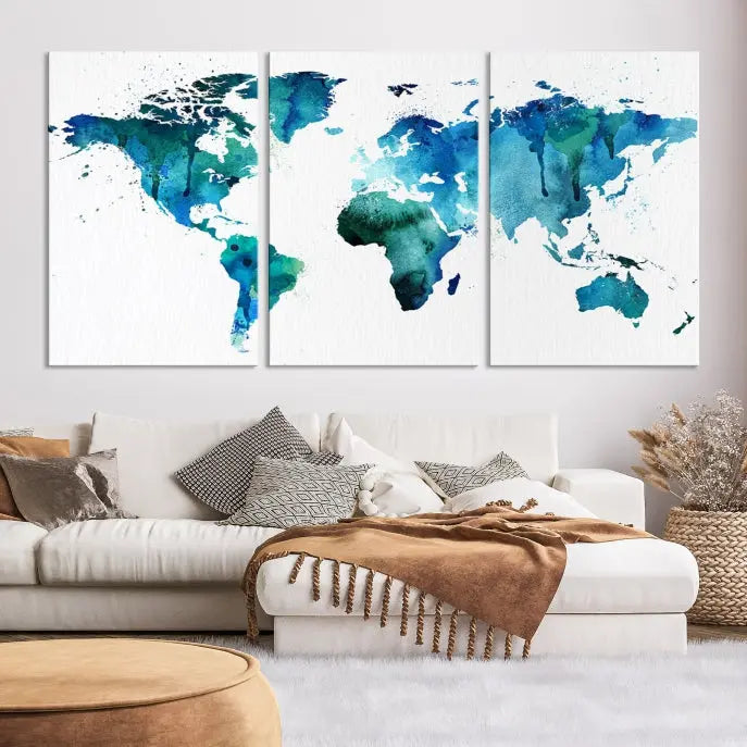 The Blue Green Dominated World Map Canvas Wall Art features a triptych design in watercolor shades of blue and green. It's printed on museum-quality canvas with a UV-protective coating and is ready to hang, bringing an artistic flair to any space.