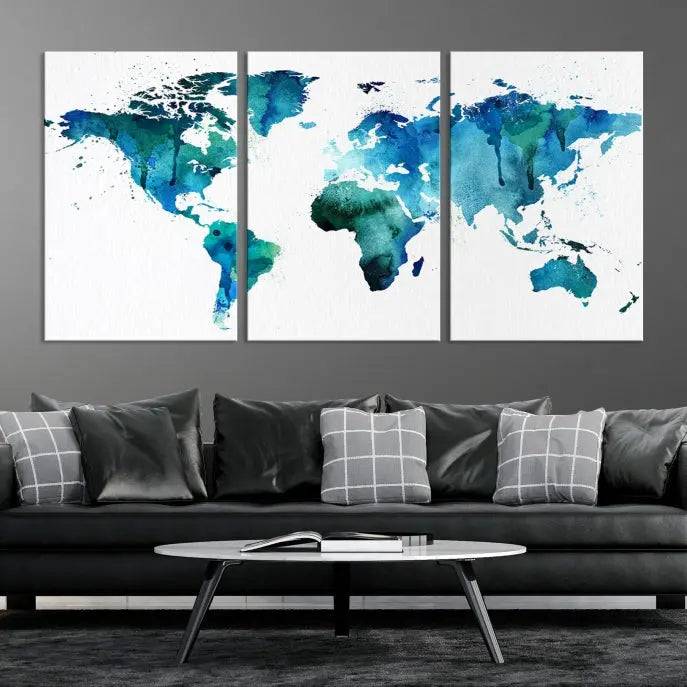 The Blue Green Dominated World Map Canvas Wall Art features a triptych design in watercolor shades of blue and green. It's printed on museum-quality canvas with a UV-protective coating and is ready to hang, bringing an artistic flair to any space.