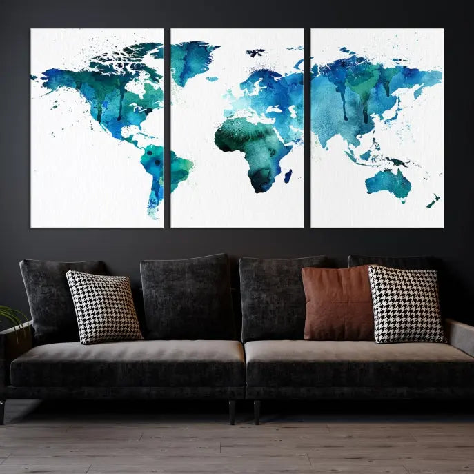 The Blue Green Dominated World Map Canvas Wall Art features a triptych design in watercolor shades of blue and green. It's printed on museum-quality canvas with a UV-protective coating and is ready to hang, bringing an artistic flair to any space.