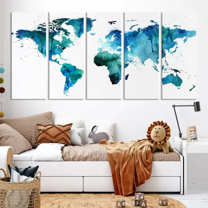 The Blue Green Dominated World Map Canvas Wall Art features a triptych design in watercolor shades of blue and green. It's printed on museum-quality canvas with a UV-protective coating and is ready to hang, bringing an artistic flair to any space.