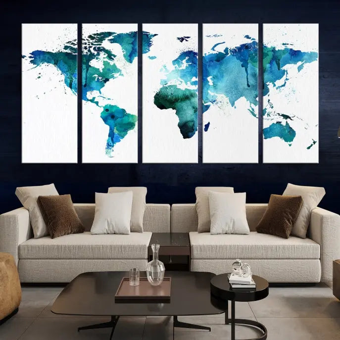 The Blue Green Dominated World Map Canvas Wall Art features a triptych design in watercolor shades of blue and green. It's printed on museum-quality canvas with a UV-protective coating and is ready to hang, bringing an artistic flair to any space.