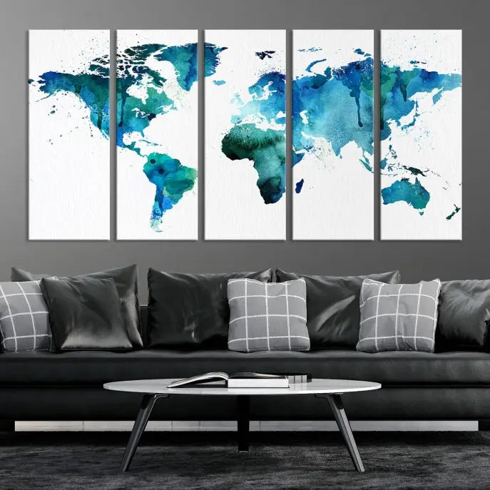 The Blue Green Dominated World Map Canvas Wall Art features a triptych design in watercolor shades of blue and green. It's printed on museum-quality canvas with a UV-protective coating and is ready to hang, bringing an artistic flair to any space.