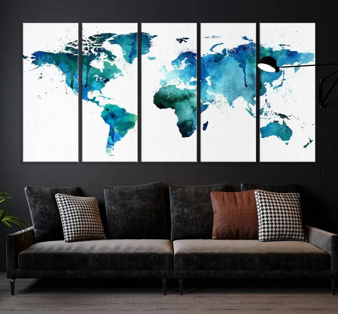 The Blue Green Dominated World Map Canvas Wall Art features a triptych design in watercolor shades of blue and green. It's printed on museum-quality canvas with a UV-protective coating and is ready to hang, bringing an artistic flair to any space.