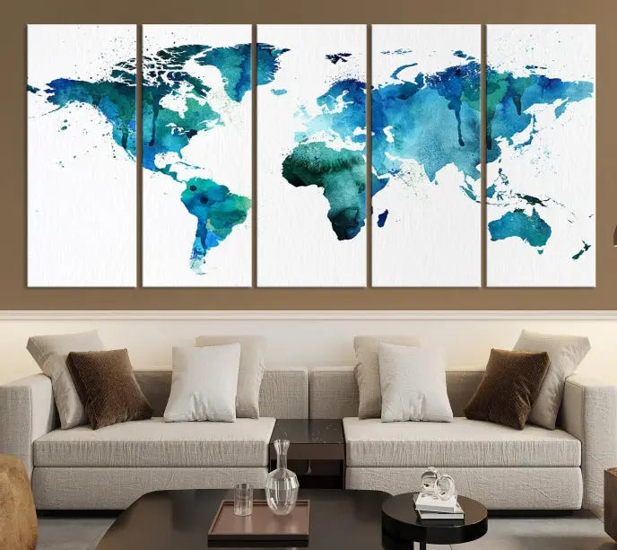 The Blue Green Dominated World Map Canvas Wall Art features a triptych design in watercolor shades of blue and green. It's printed on museum-quality canvas with a UV-protective coating and is ready to hang, bringing an artistic flair to any space.