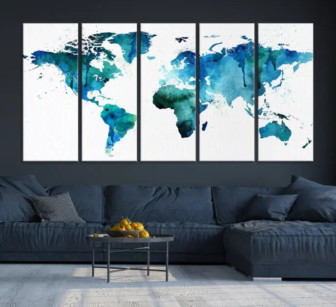 The Blue Green Dominated World Map Canvas Wall Art features a triptych design in watercolor shades of blue and green. It's printed on museum-quality canvas with a UV-protective coating and is ready to hang, bringing an artistic flair to any space.