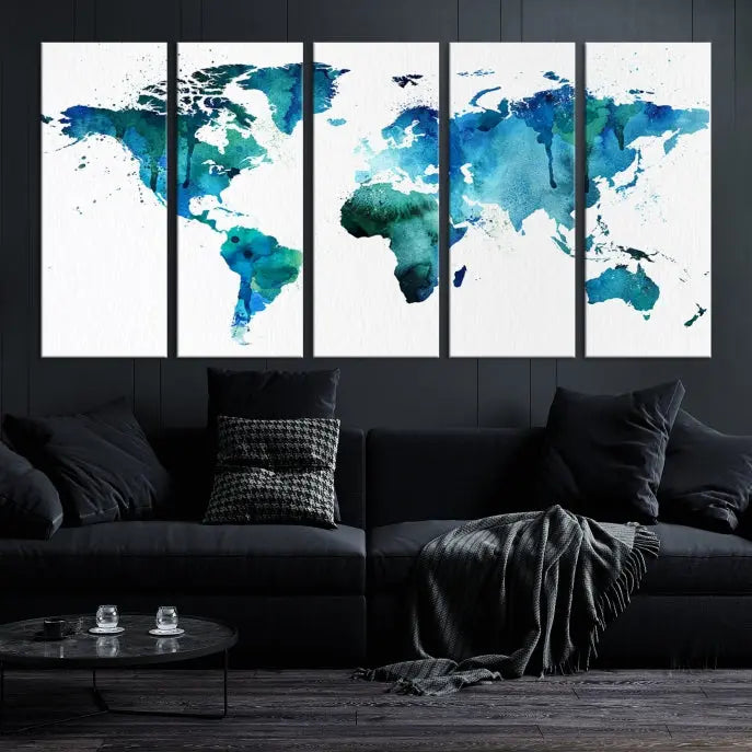 The Blue Green Dominated World Map Canvas Wall Art features a triptych design in watercolor shades of blue and green. It's printed on museum-quality canvas with a UV-protective coating and is ready to hang, bringing an artistic flair to any space.