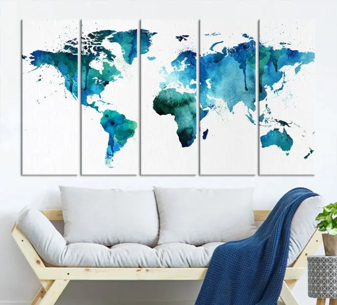 The Blue Green Dominated World Map Canvas Wall Art features a triptych design in watercolor shades of blue and green. It's printed on museum-quality canvas with a UV-protective coating and is ready to hang, bringing an artistic flair to any space.