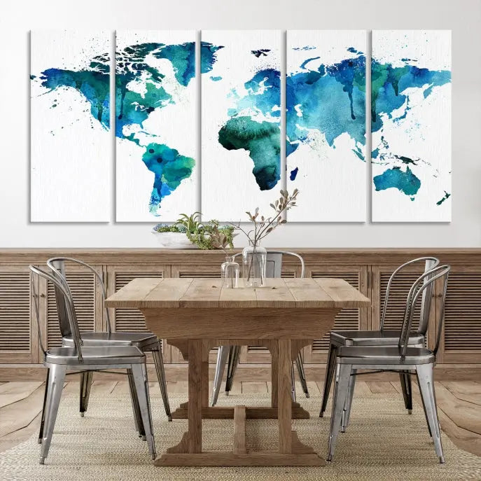 The Blue Green Dominated World Map Canvas Wall Art features a triptych design in watercolor shades of blue and green. It's printed on museum-quality canvas with a UV-protective coating and is ready to hang, bringing an artistic flair to any space.