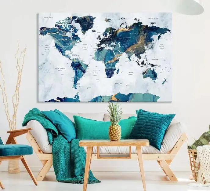 Blue Green World Map Wall Art Canvas Print 