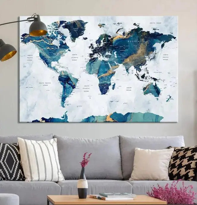 Blue Green World Map Wall Art Canvas Print 