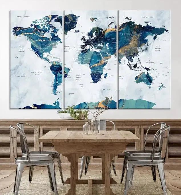 The modern living room showcases the Blue Green World Map Wall Art Canvas Print, a captivating three-panel artwork crafted on museum-quality canvases with a UV-protective coating.