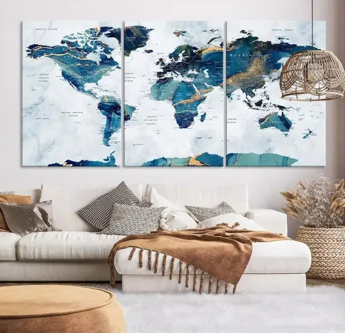 Blue Green World Map Wall Art Canvas Print 