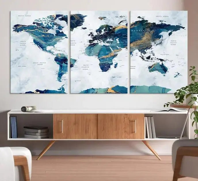 Blue Green World Map Wall Art Canvas Print 