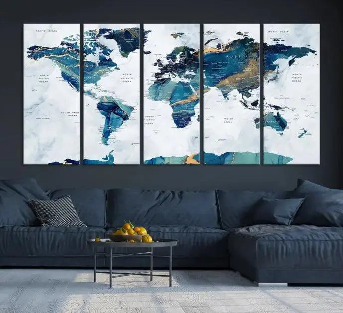 Blue Green World Map Wall Art Canvas Print 