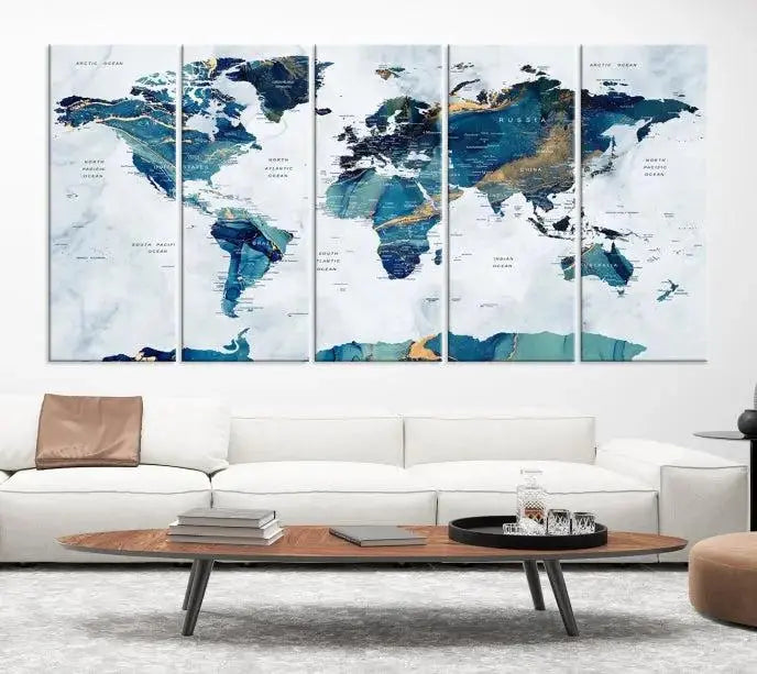 Blue Green World Map Wall Art Canvas Print 