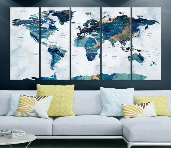 Blue Green World Map Wall Art Canvas Print 