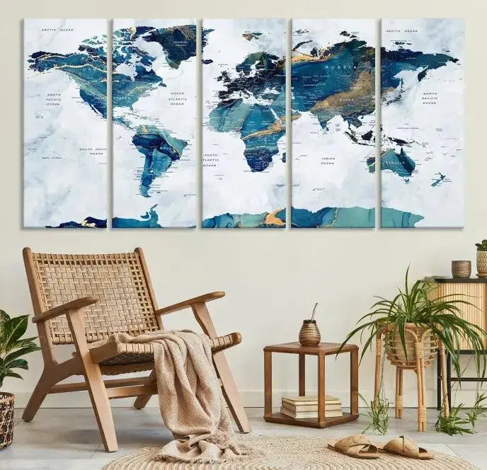 Blue Green World Map Wall Art Canvas Print 